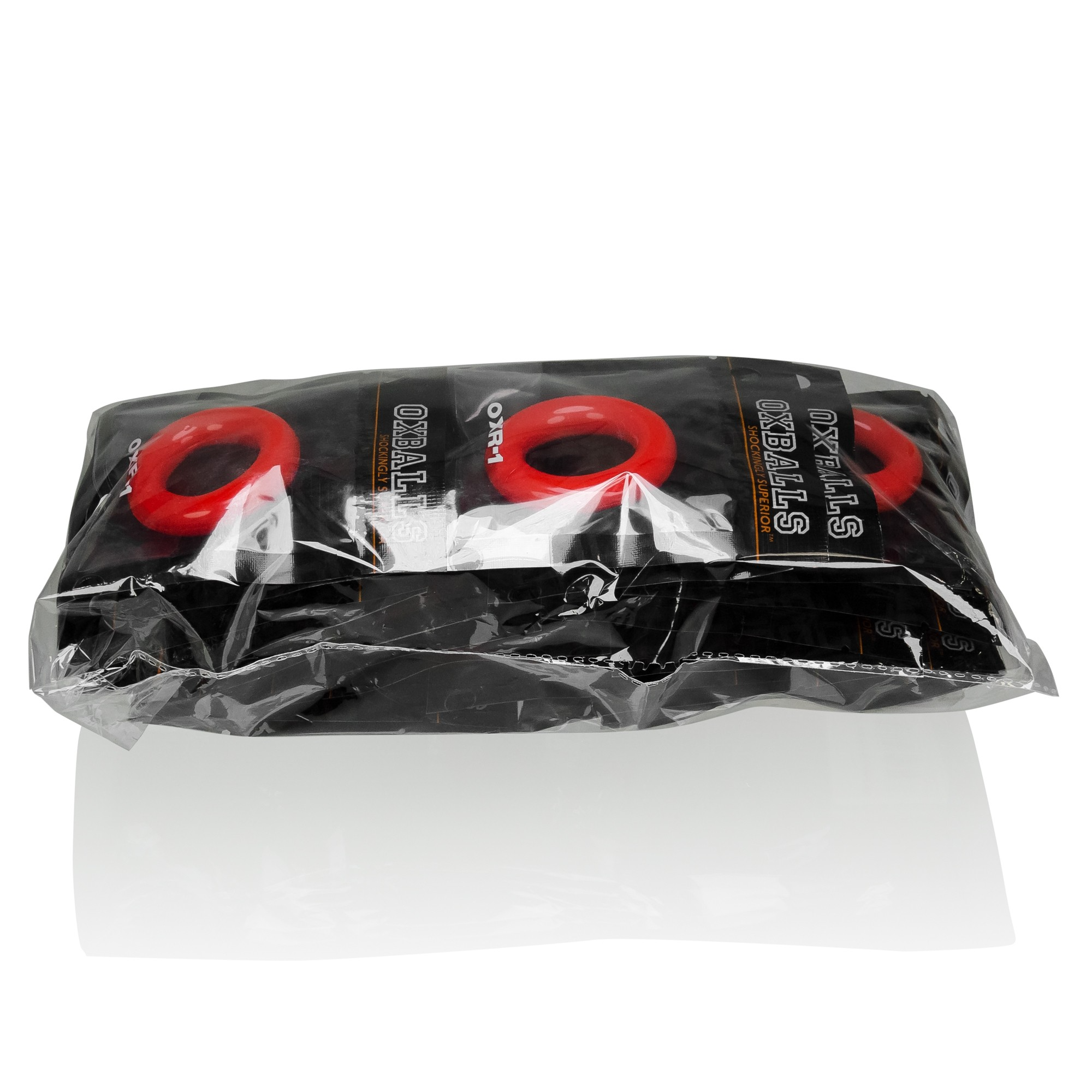 A 20-pack of red OXR-1 stretchy jelly cock rings.