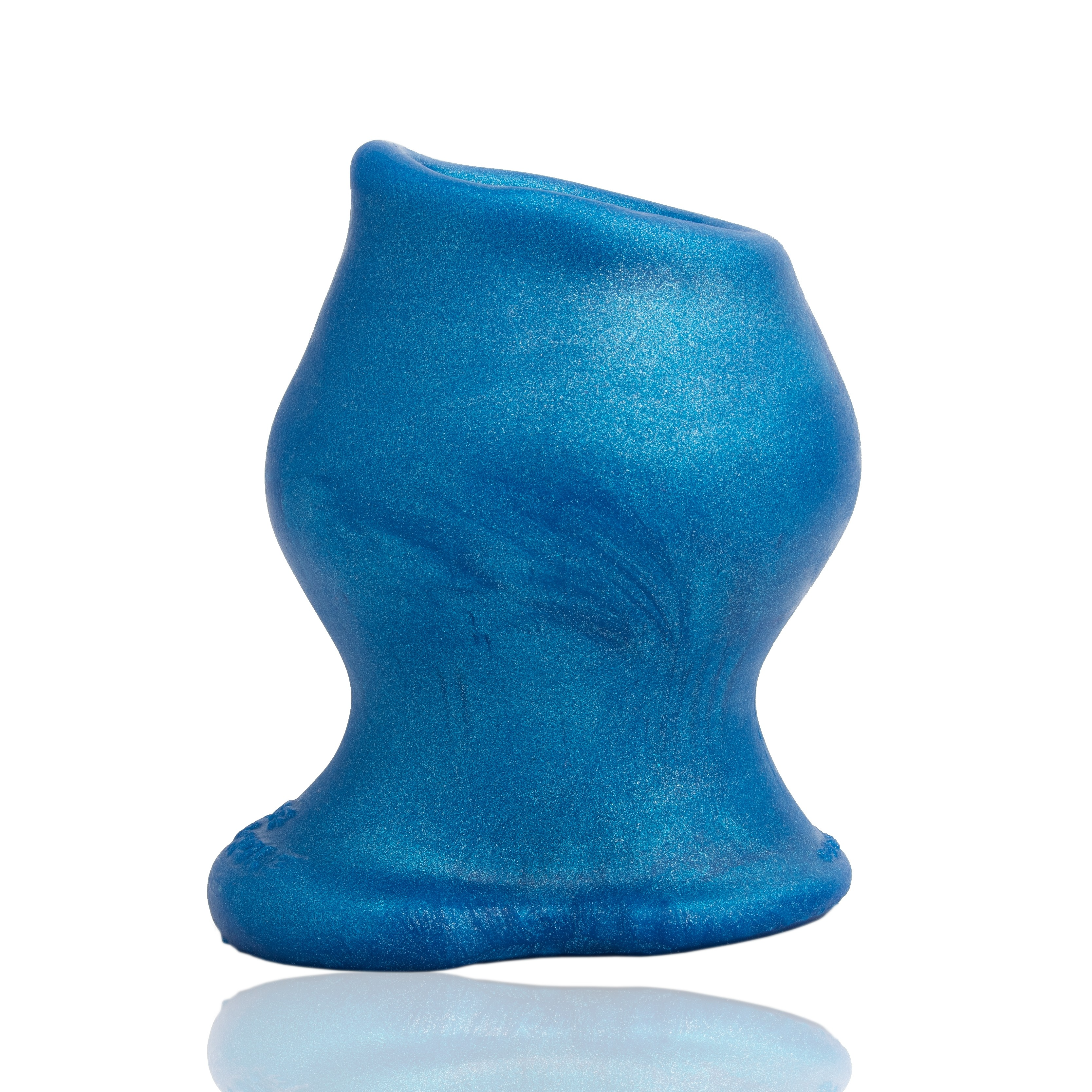 Blue metallic hollow silicone anal plug with a flared base.