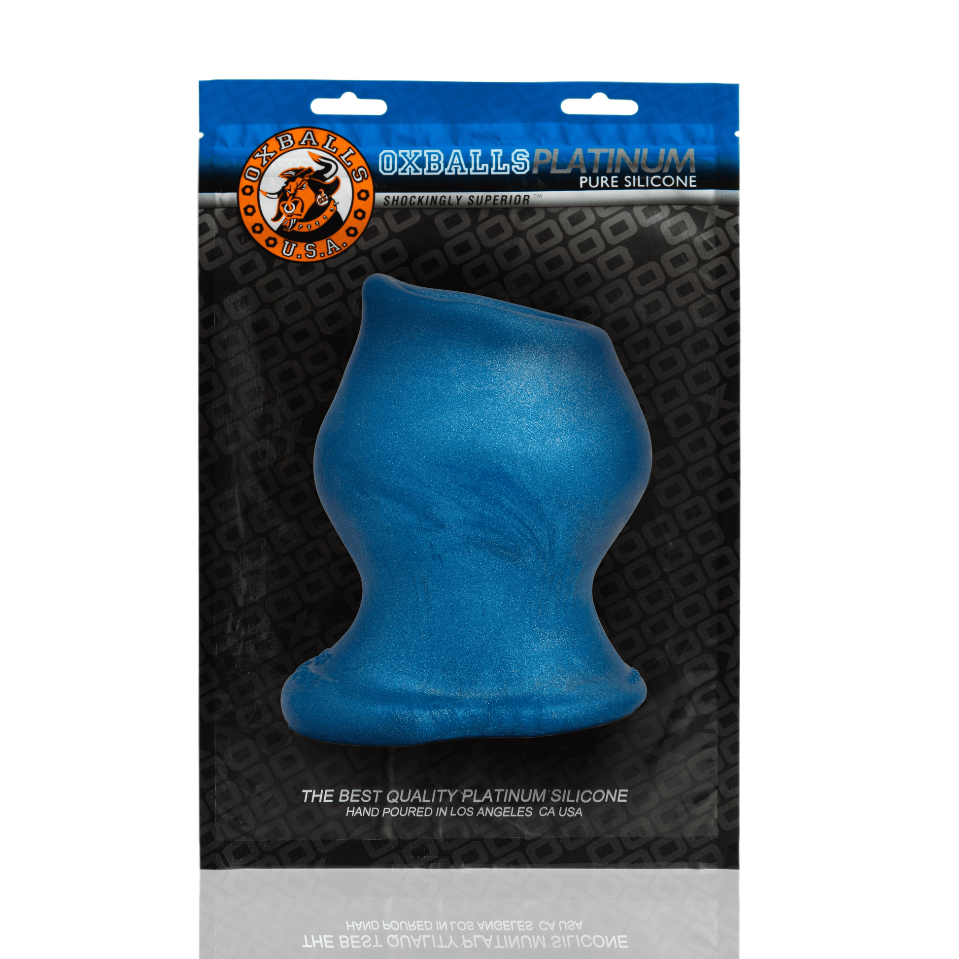 Blue metallic silicone anal plug with a hollow core and flared base.