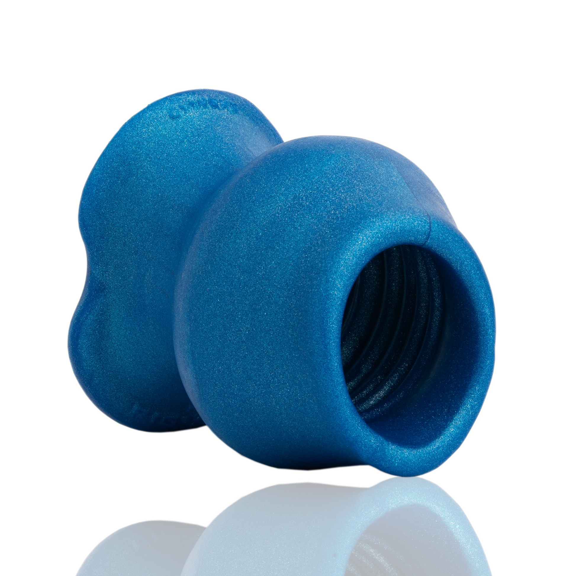 Blue metallic hollow silicone anal plug with textured interior.