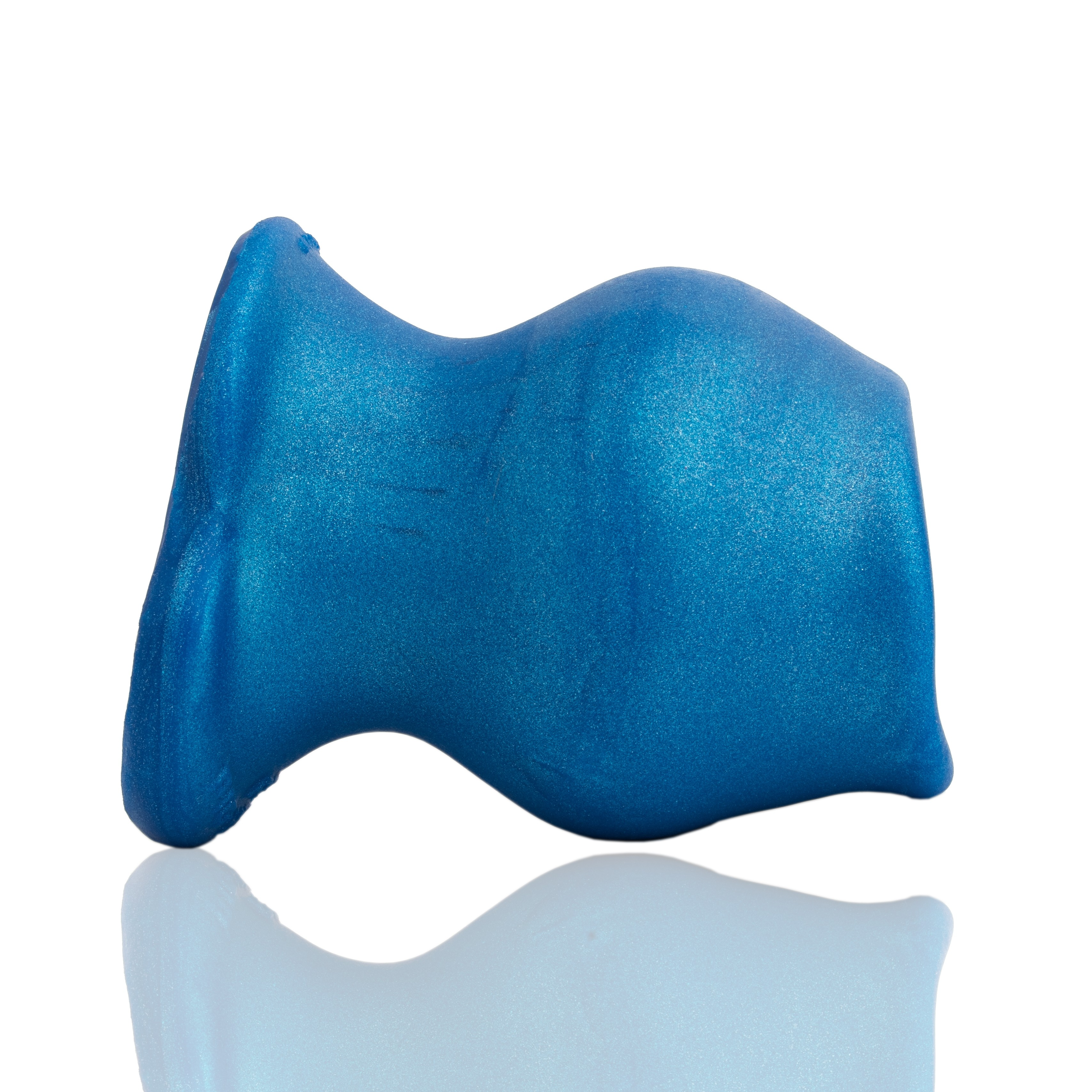 Blue metallic silicone anal plug with a hollow core and textured interior.