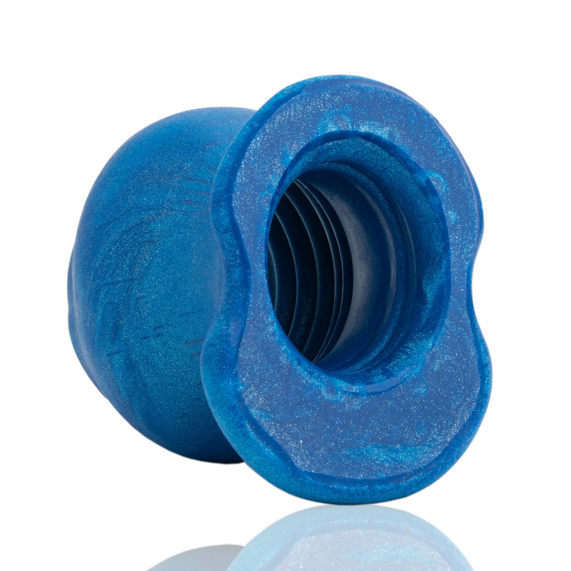 Blue metallic silicone anal plug with a hollow core and textured interior.