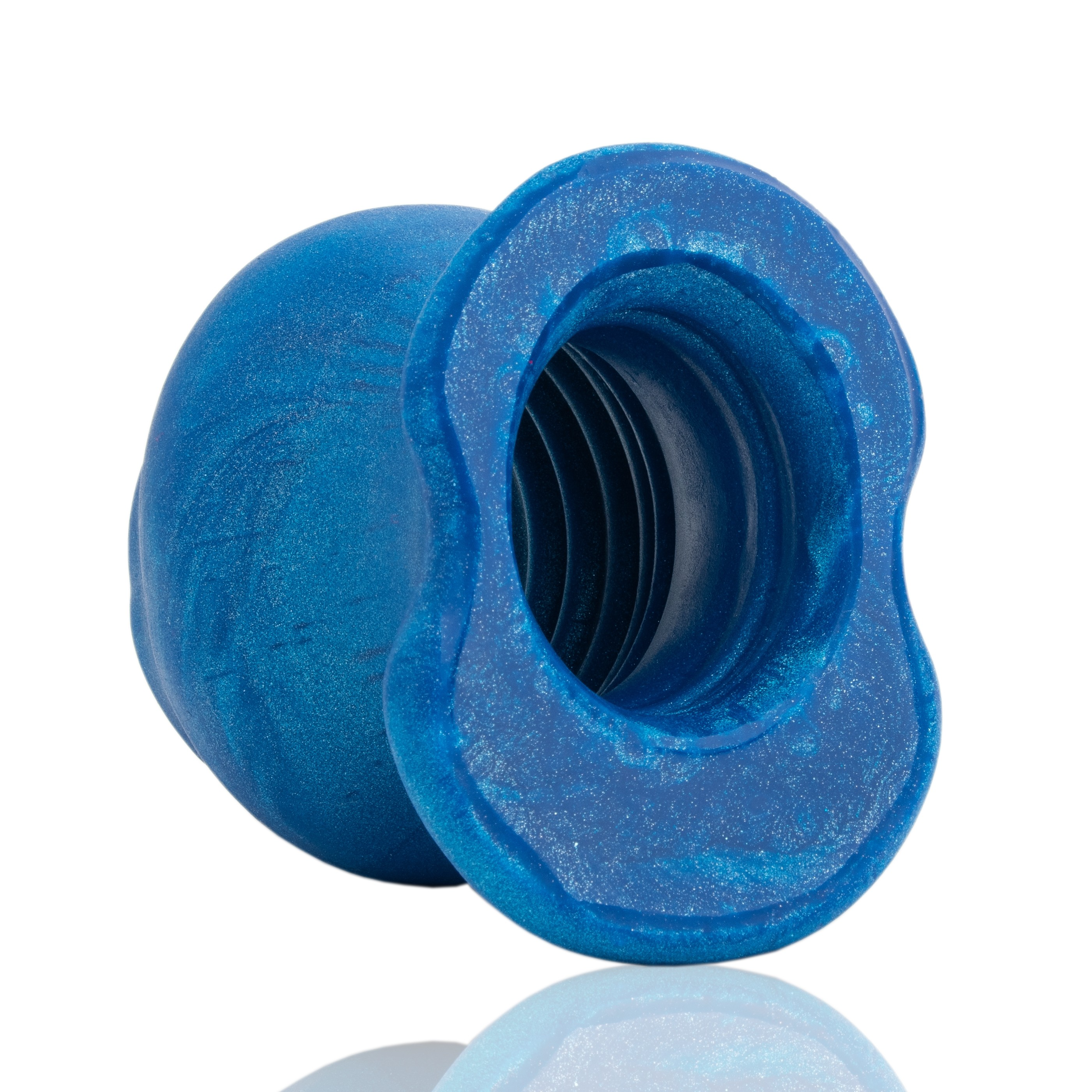 Blue metallic silicone anal plug with a hollow core and textured interior.