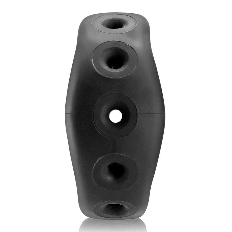 Black silicone airflow cock ring with multiple openings.