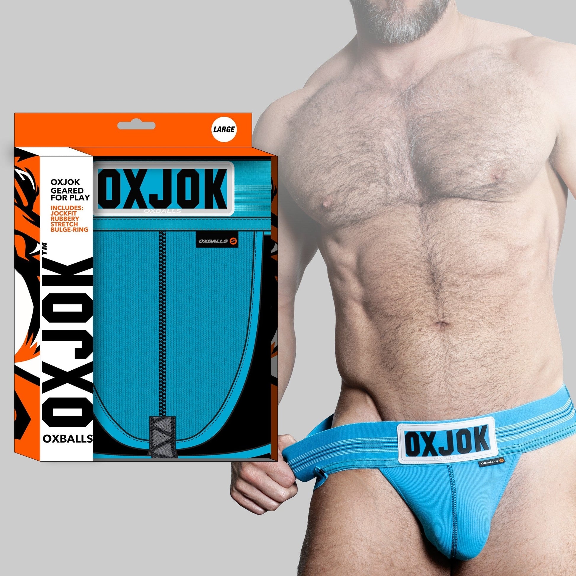 A blue Oxjok jockstrap with a white logo patch and a ribbed pouch.