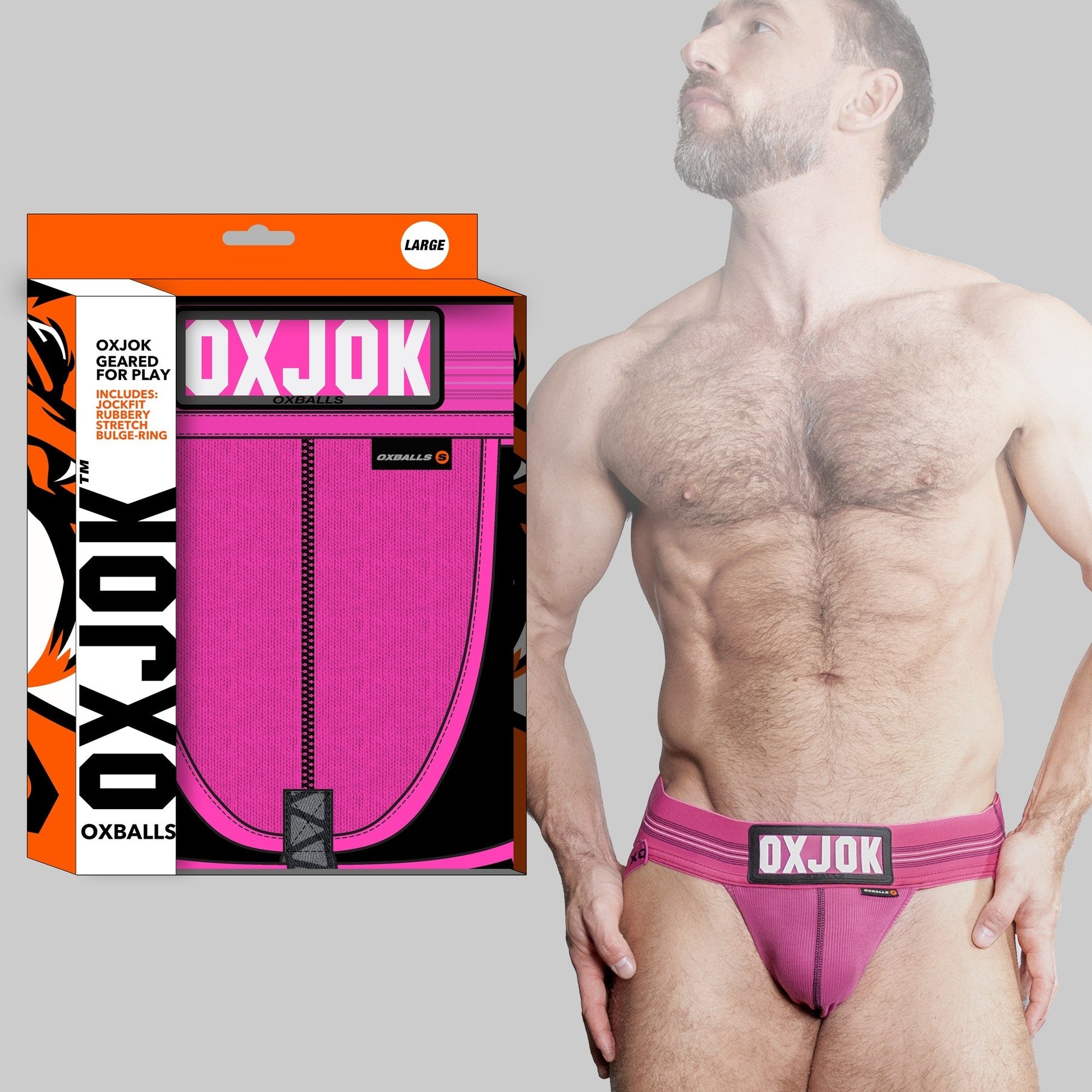 Pink Oxballs jockstrap with adjustable pouch and cockring.