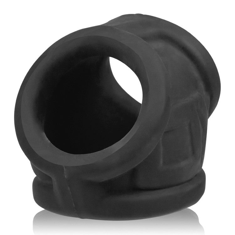 Black silicone multi-ring cock sling with a textured base.