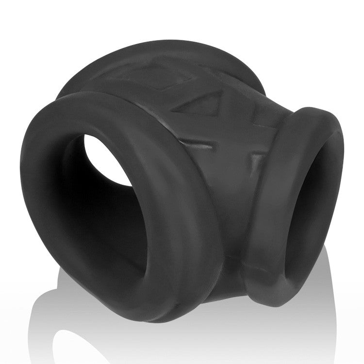 Black silicone cock sling with textured rings.