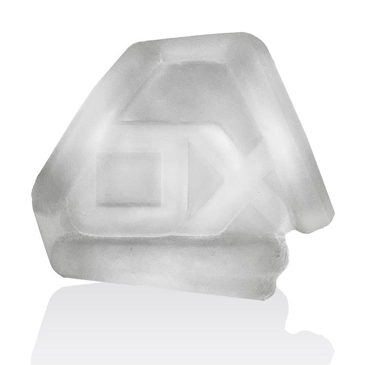 Clear silicone cock sling with embossed OX lettering.