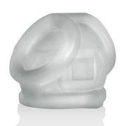 Frosted clear silicone multi-ring cock sling with a square embossed logo.