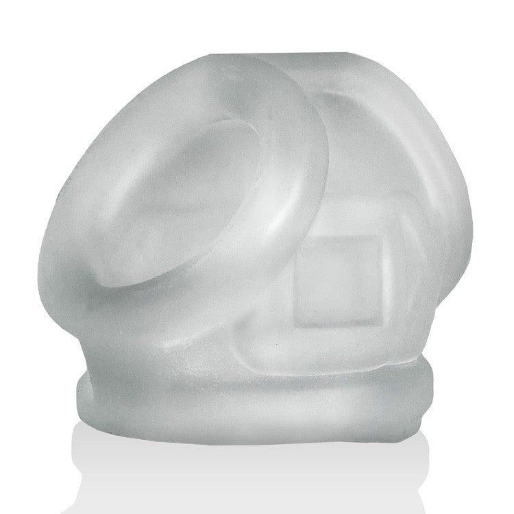 Frosted clear silicone multi-ring cock sling with a square embossed logo.
