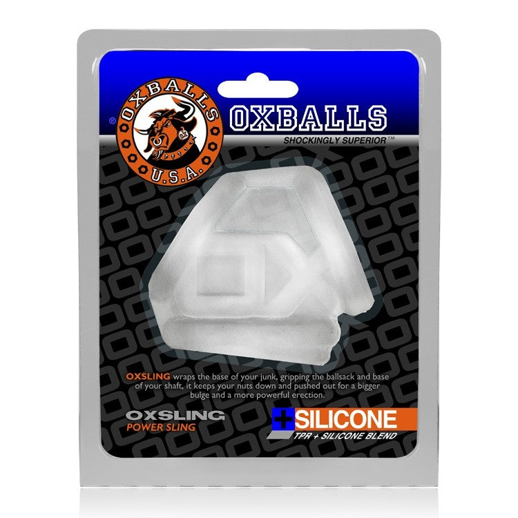 Clear silicone cock sling with Oxballs branding.