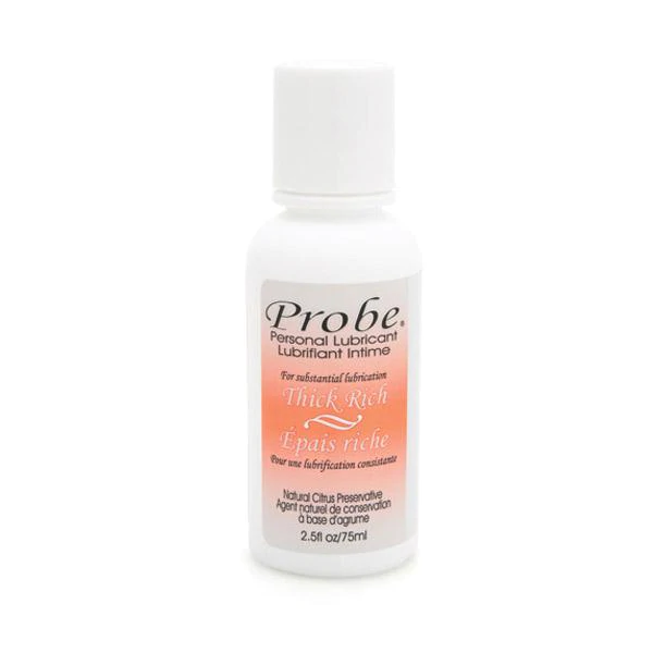 Probe Thick and Rich personal lubricant in a white bottle.