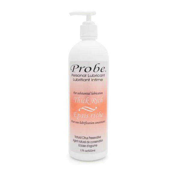 Probe Thick Rich personal lubricant in a white pump bottle.