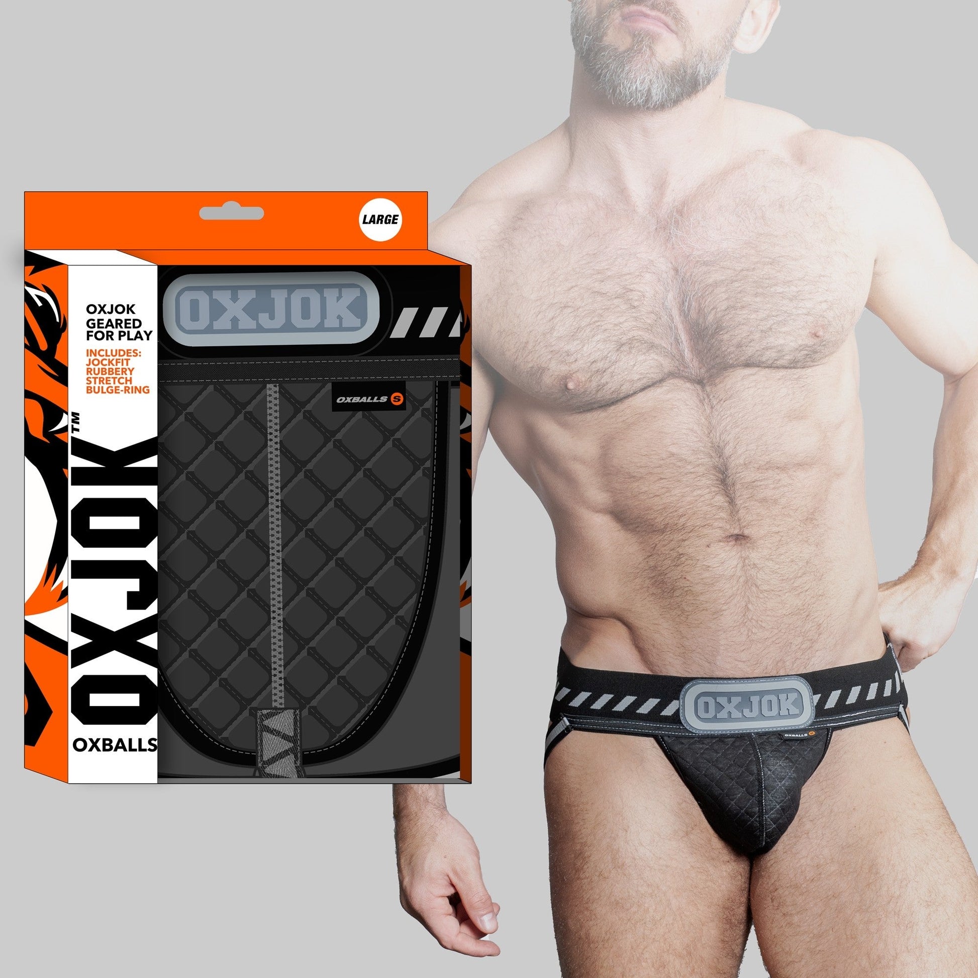 Black quilted jockstrap with a stash pocket and "OXJOK" logo.