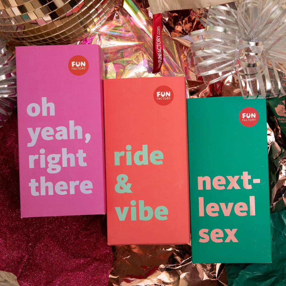 Three Fun Factory vibrator boxes with text "oh yeah, right there", "ride & vibe", and "next-level sex".