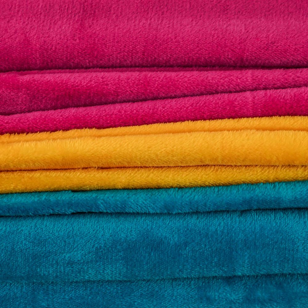 A plush fleece blanket with horizontal stripes of pink, yellow, and teal.