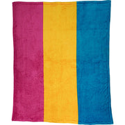 Pansexual pride plush fleece blanket with pink, yellow, and blue stripes.