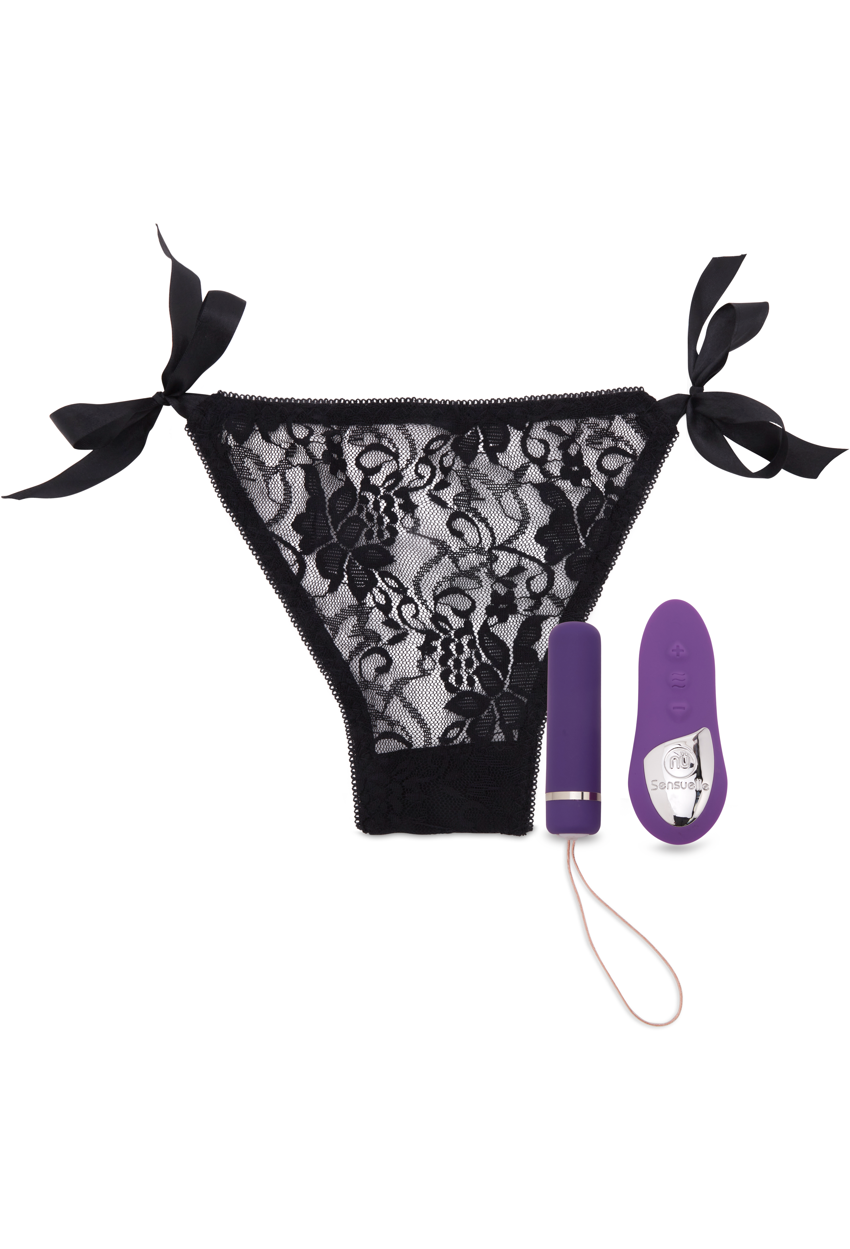 Purple remote-controlled vibrating panty with black lace and ribbon ties.