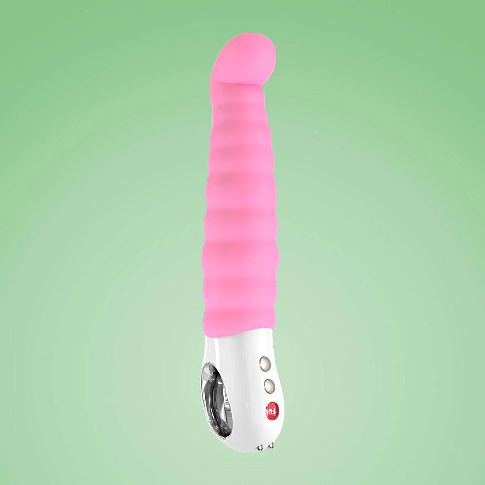 Pink ribbed vibrator with a curved tip and white base with buttons.