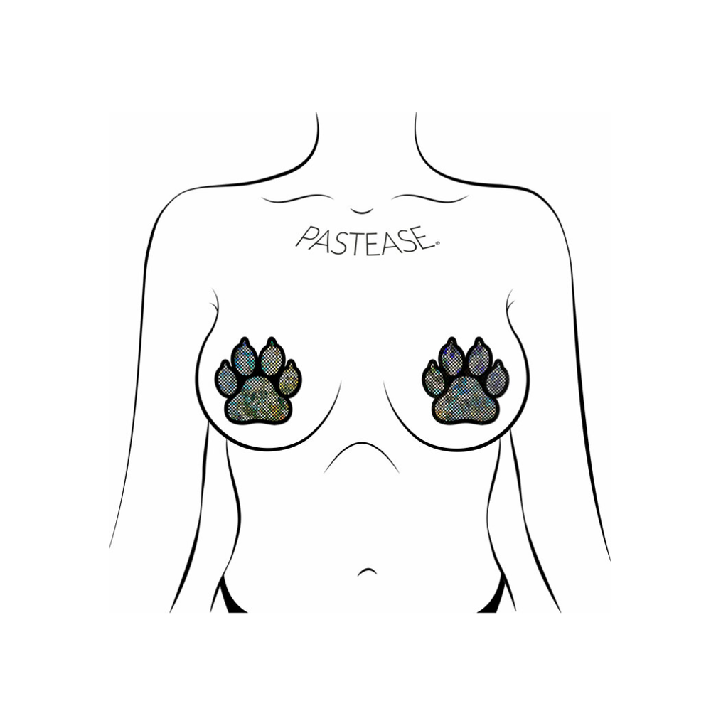 Silver and black paw print nipple pasties with "PASTEASE" text.