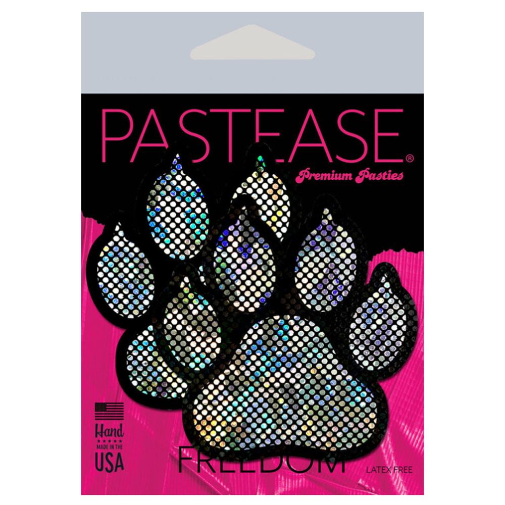 Silver and black paw print pasties with a holographic sparkle.