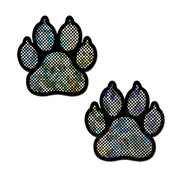 Two silver and black holographic paw print nipple pasties.
