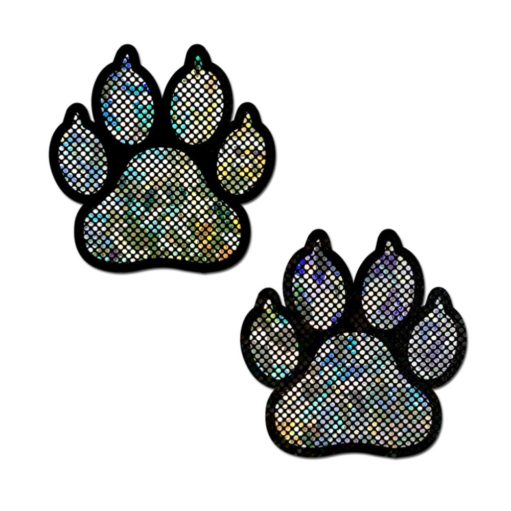 Two silver and black holographic paw print nipple pasties.