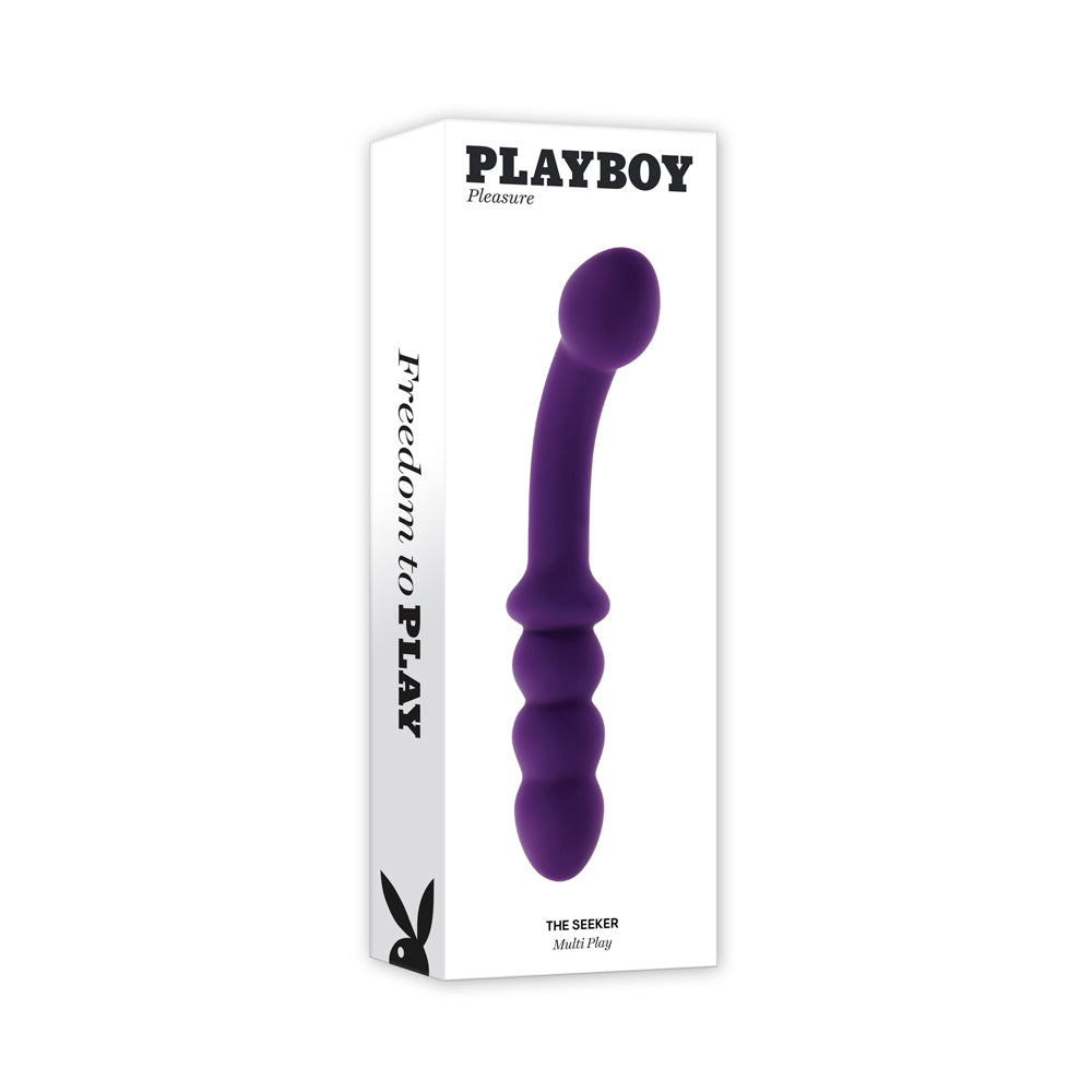 Purple curved vibrating wand with beaded shaft in Playboy packaging.