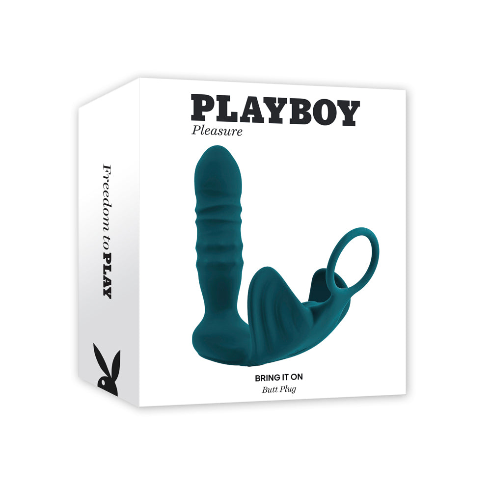 Teal Playboy butt plug and cock ring set on a white box.
