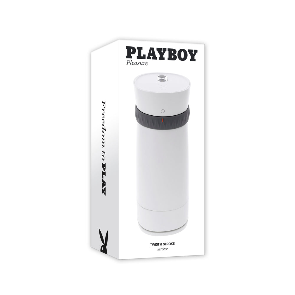 Playboy branded white stroker with a textured band and UV cleaner cap.