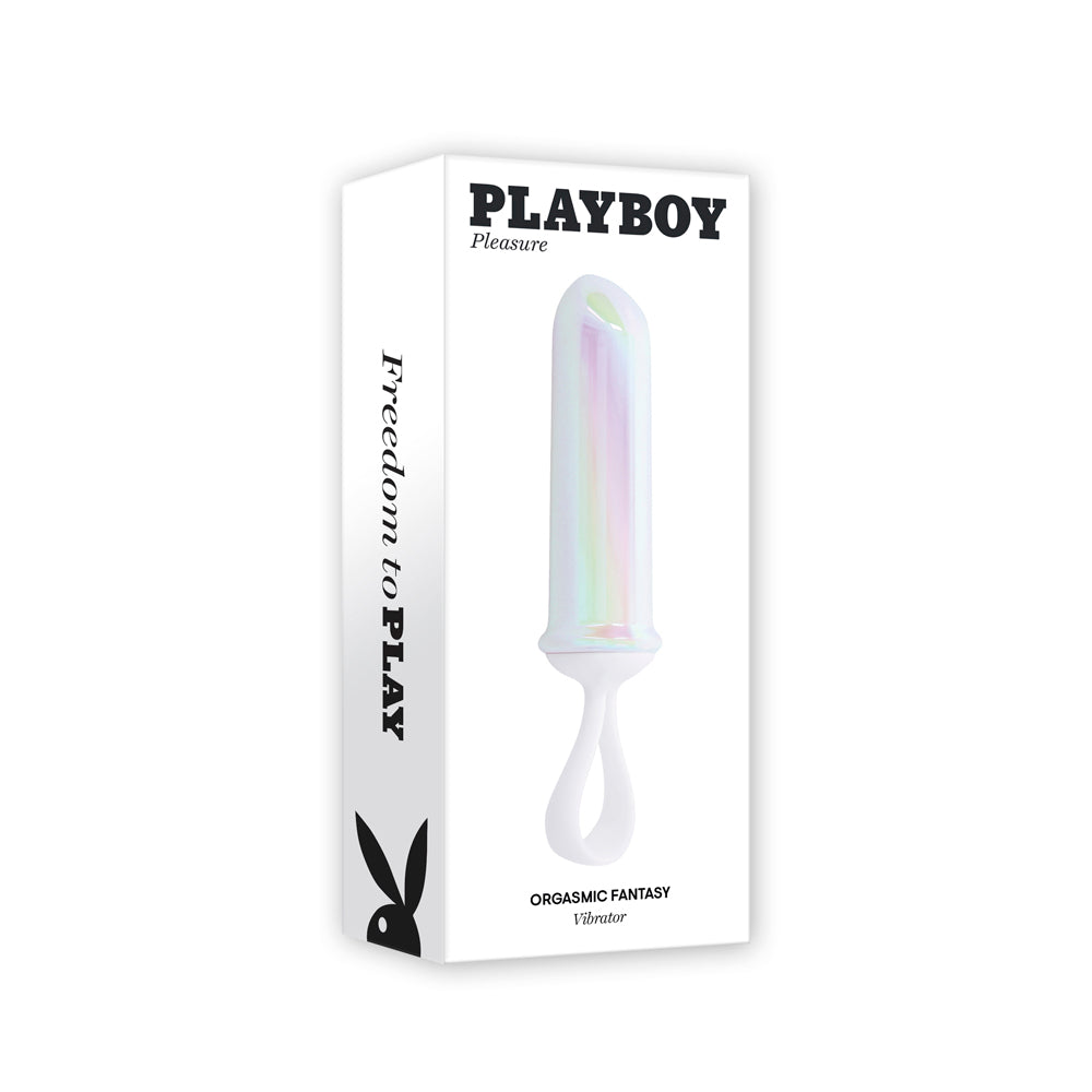 Playboy Orgasmic Fantasy vibrator in iridescent silicone with a finger loop.