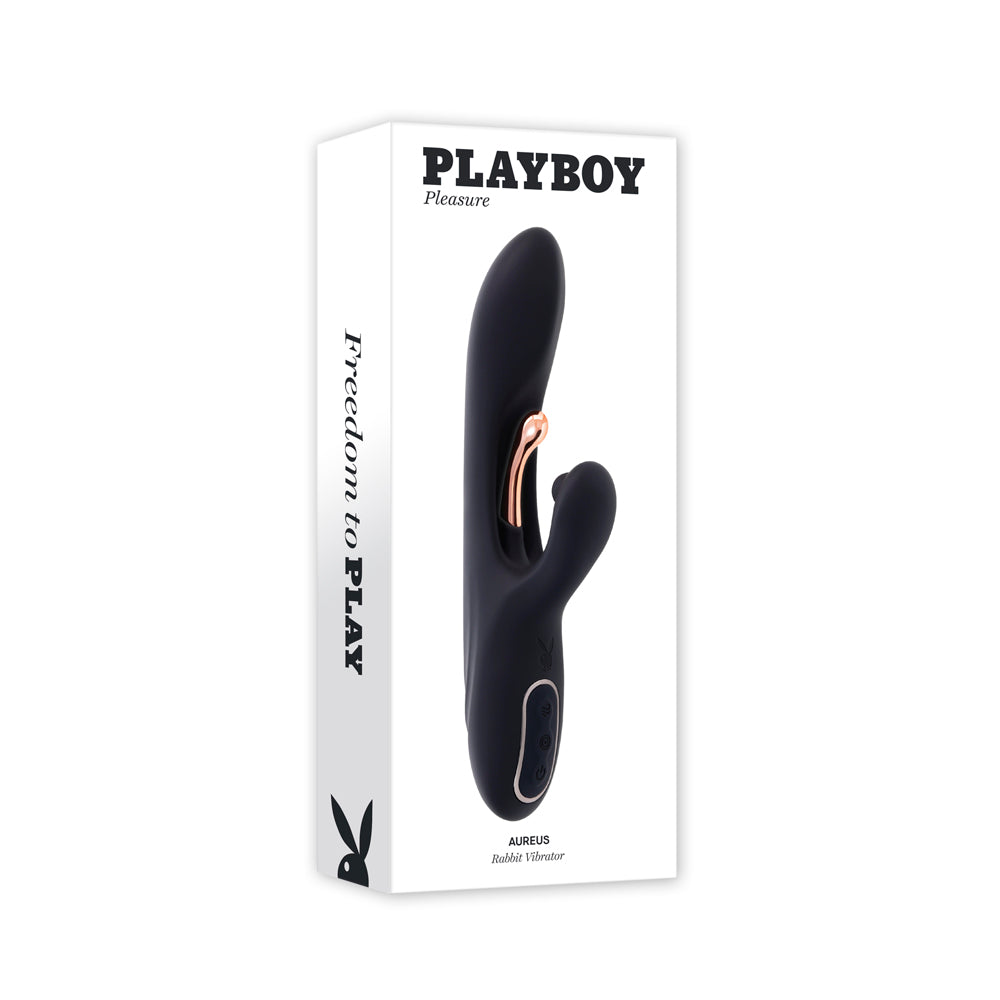 Black Playboy Aureus Rabbit Vibrator with rose gold accents.