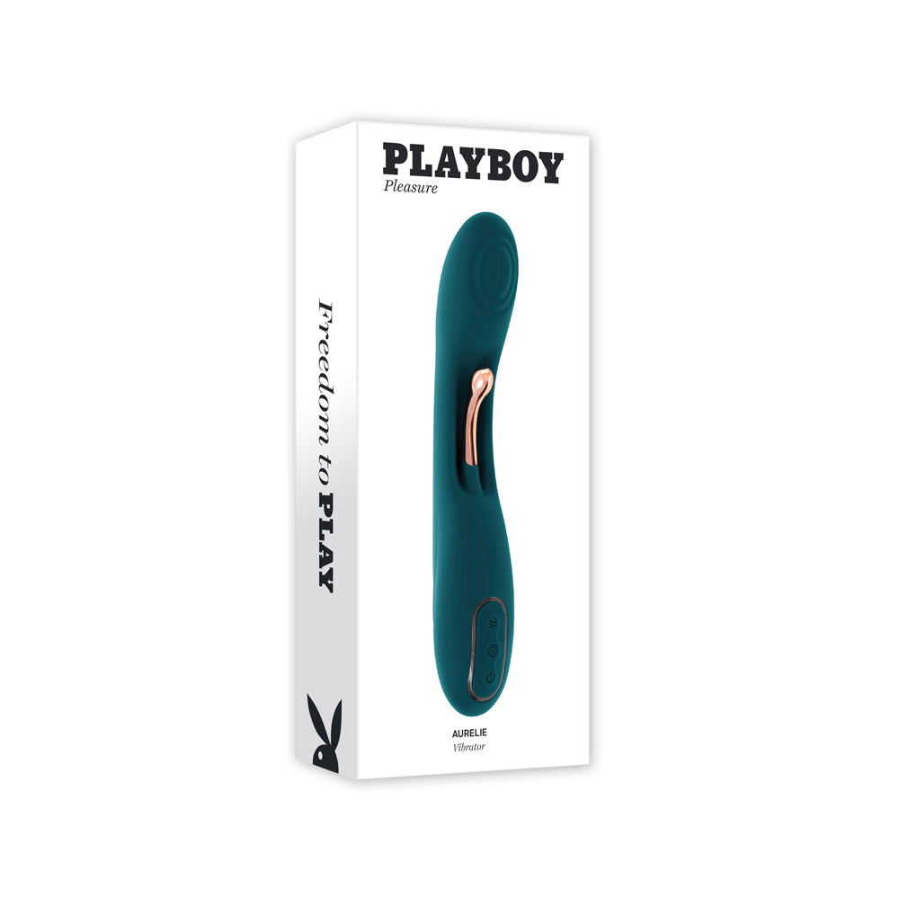 A teal Aurelie G-Spot vibrator by Playboy on its packaging.