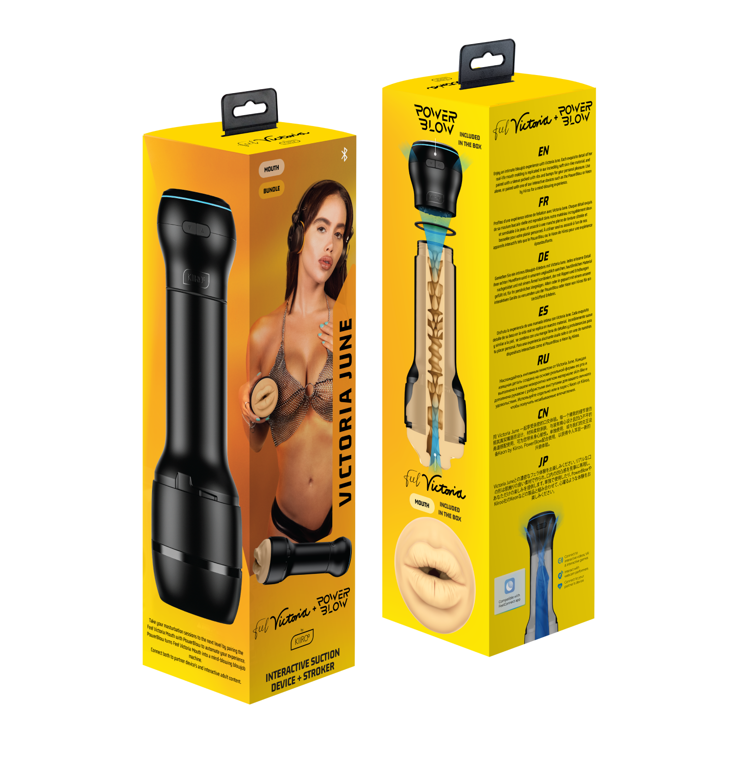 Kiiroo interactive oral stroker and PowerBlow suction kit with realistic mouth.