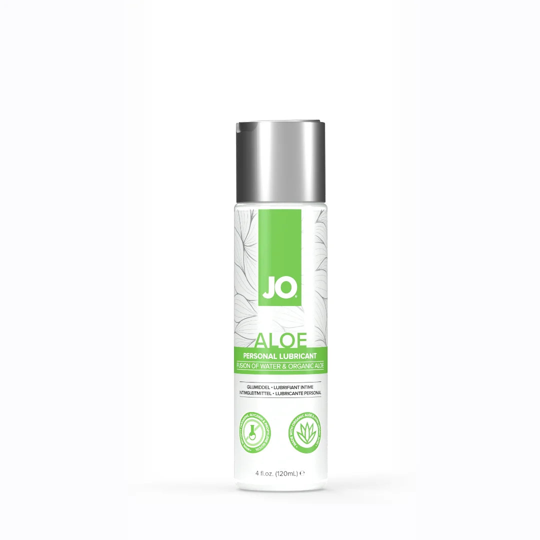 JO Aloe personal lubricant in a clear bottle with a silver cap.