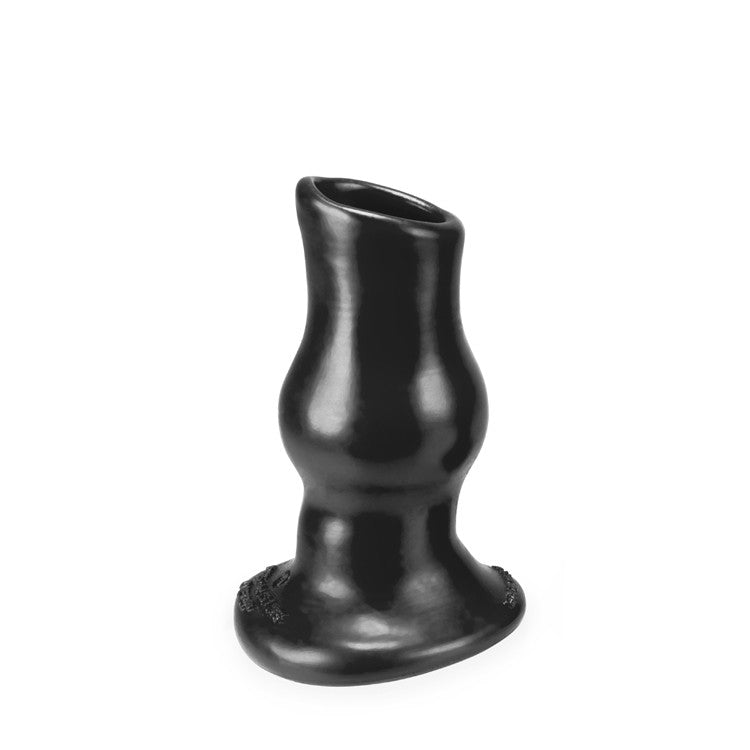 Black hollow silicone anal plug with a flared base and tapered opening.
