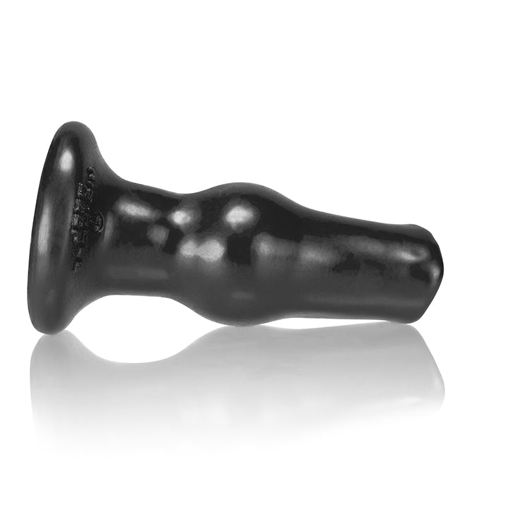 Black hollow silicone anal plug with a flared base and tapered shaft.
