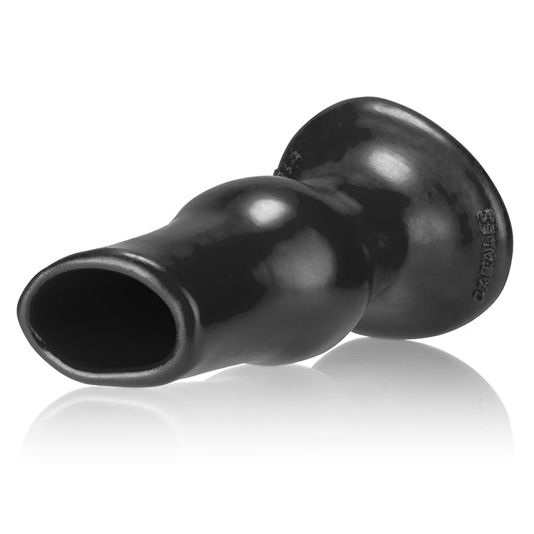 Black hollow silicone anal plug with a tapered neck and flared base.