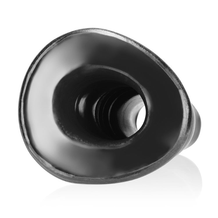 Black hollow silicone anal plug with a flared opening and textured interior.