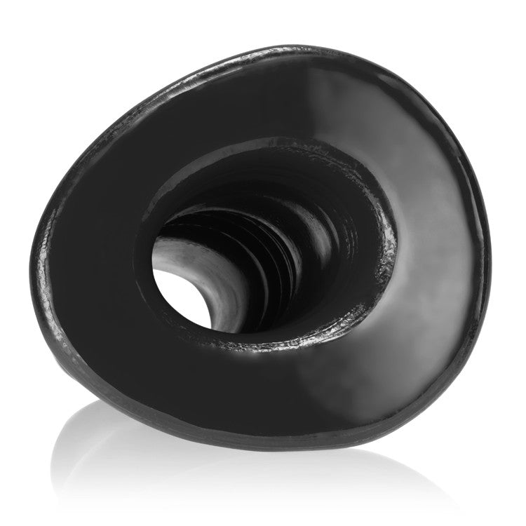 Black hollow silicone anal plug with a flared opening and textured interior.