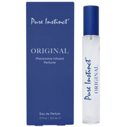 Pure Instinct Original Pheromone Infused Perfume in a clear spray bottle with a blue cap.
