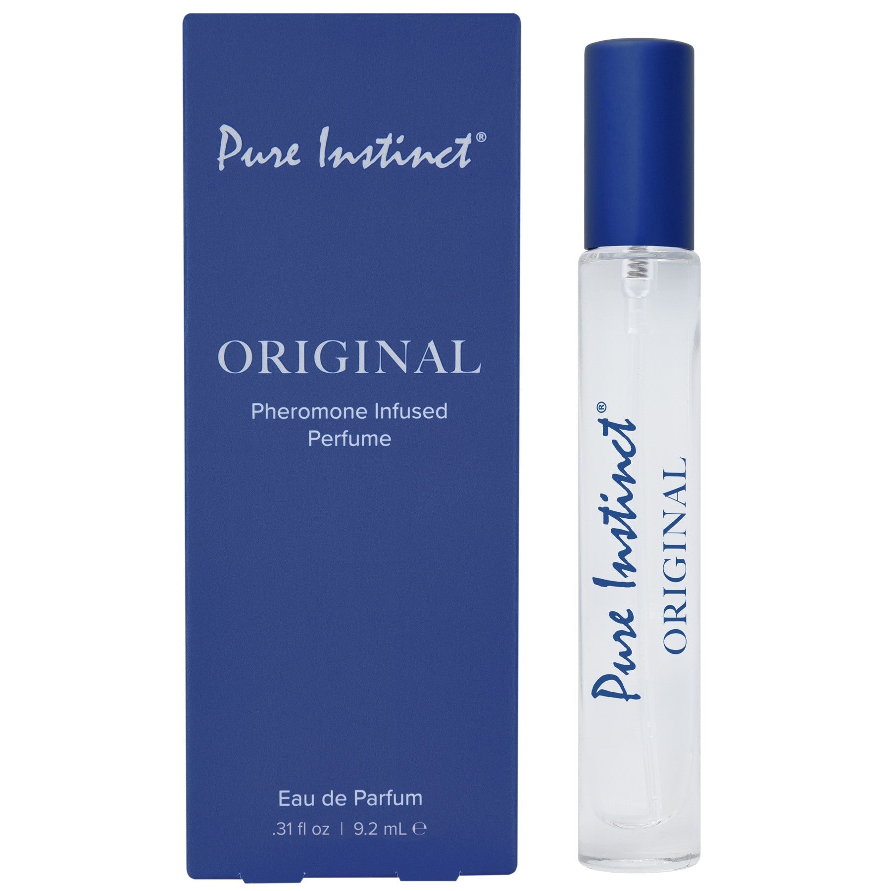 Pure Instinct Original Pheromone Infused Perfume in a clear spray bottle with a blue cap.