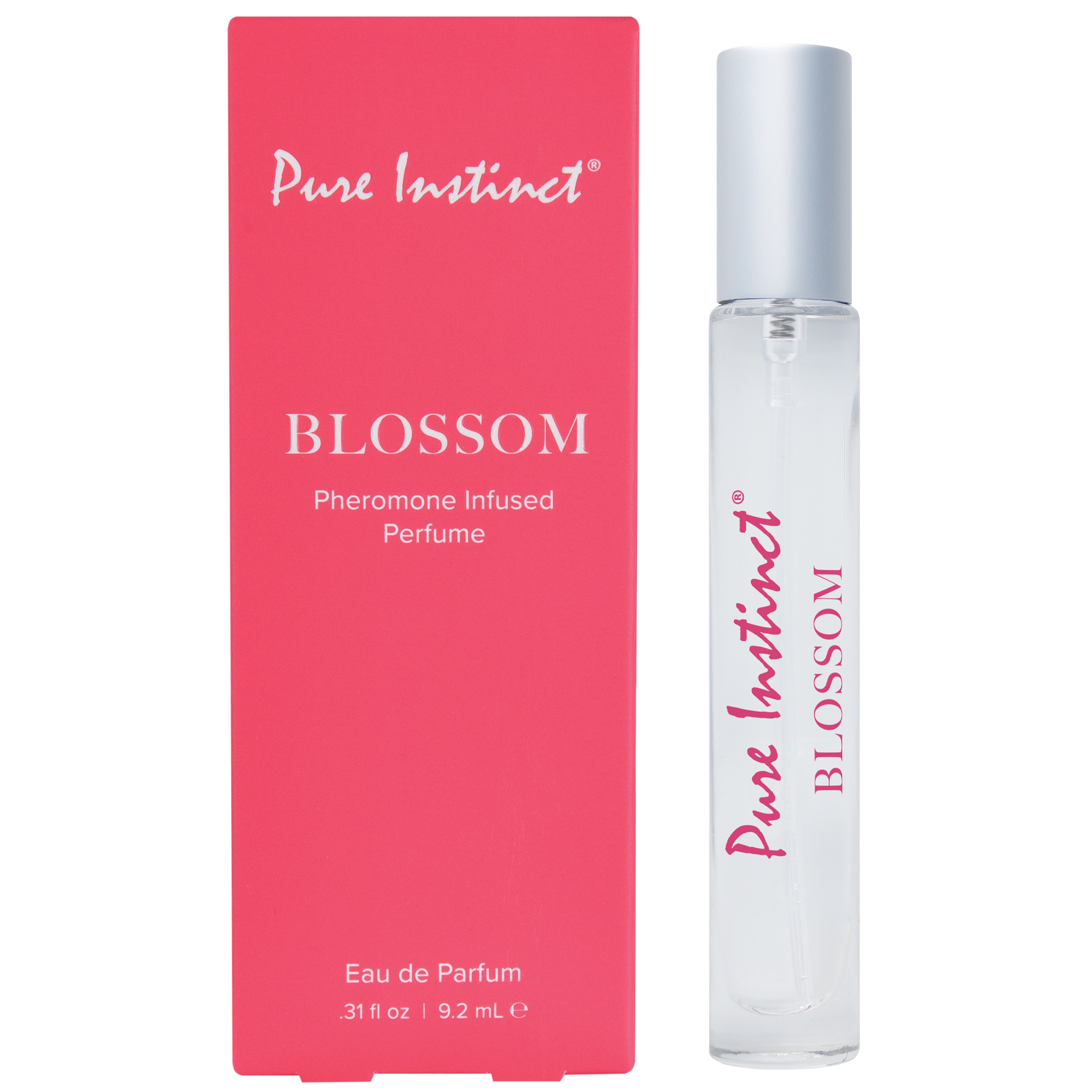 Pure Instinct Blossom Pheromone Infused Perfume in a clear spray bottle.
