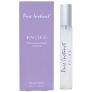 Pure Instinct Entice Pheromone Infused Perfume in a clear rollerball bottle next to its purple box.