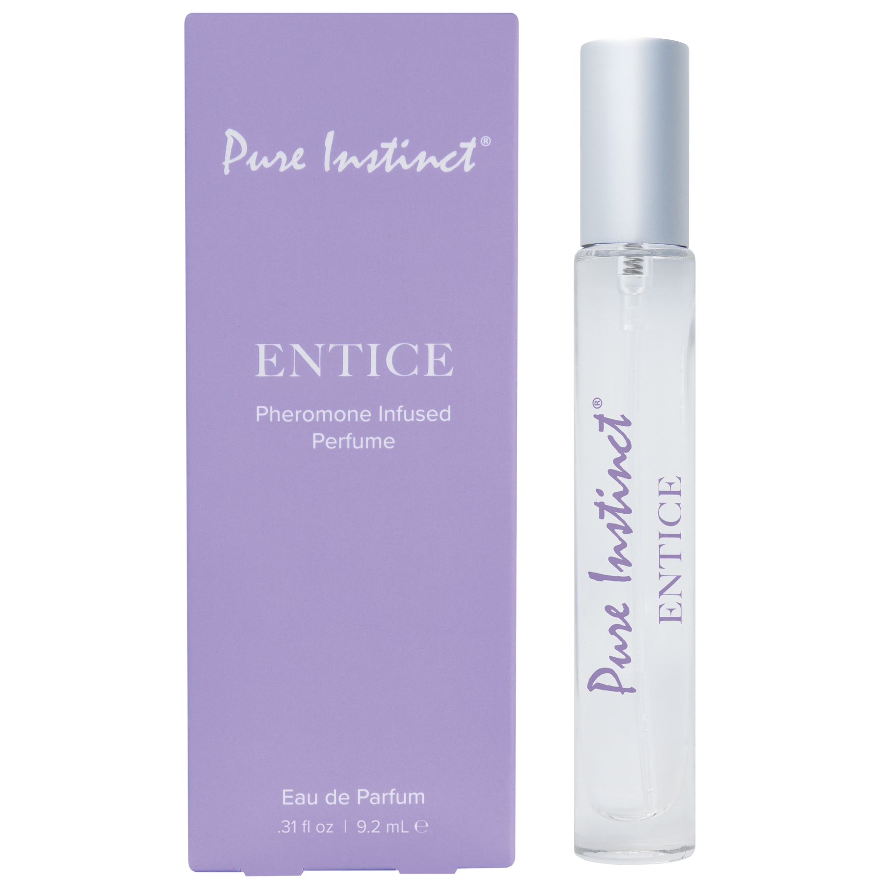 Pure Instinct Entice Pheromone Infused Perfume in a clear rollerball bottle next to its purple box.