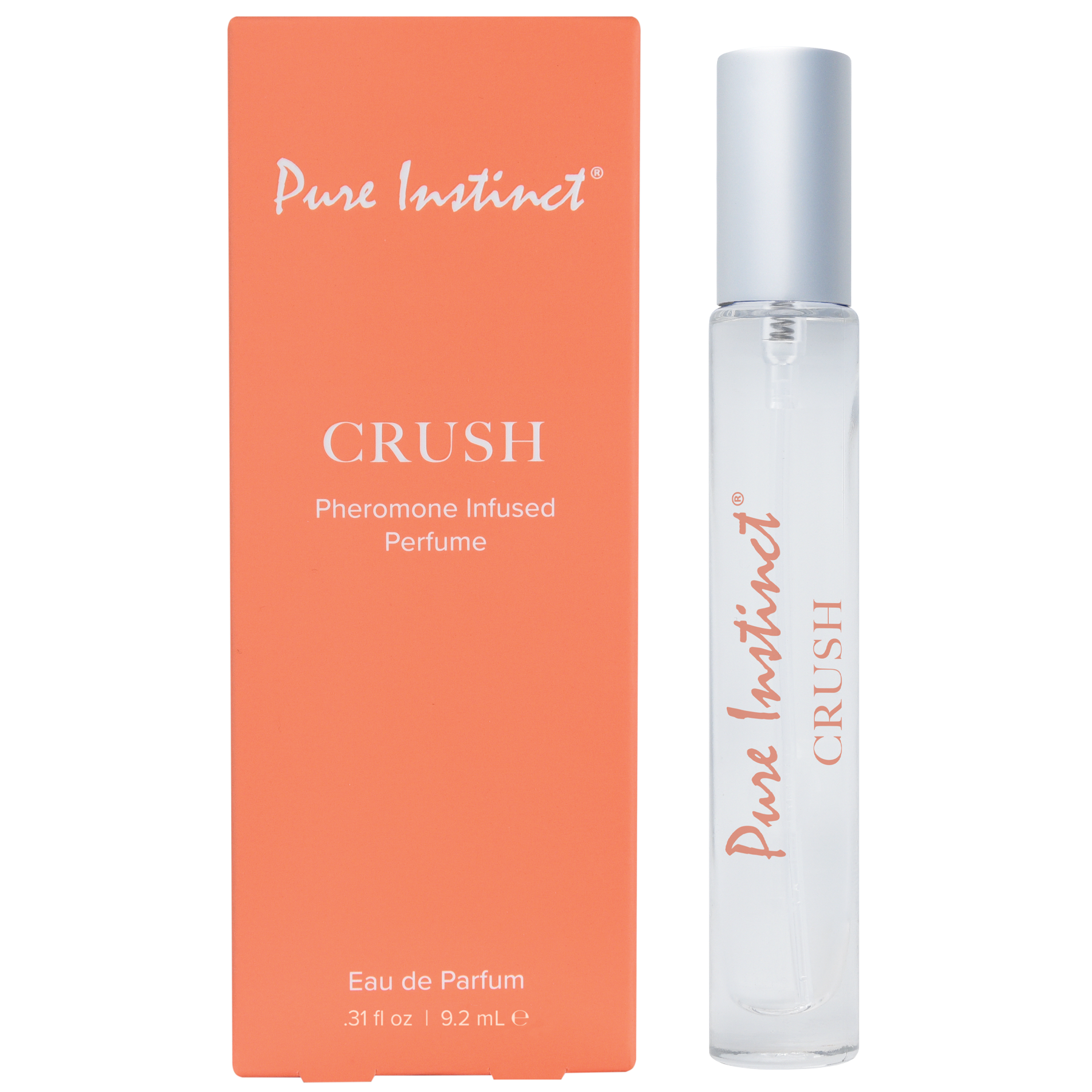 Pure Instinct Crush Pheromone Infused Perfume in a clear spray bottle next to its orange box.