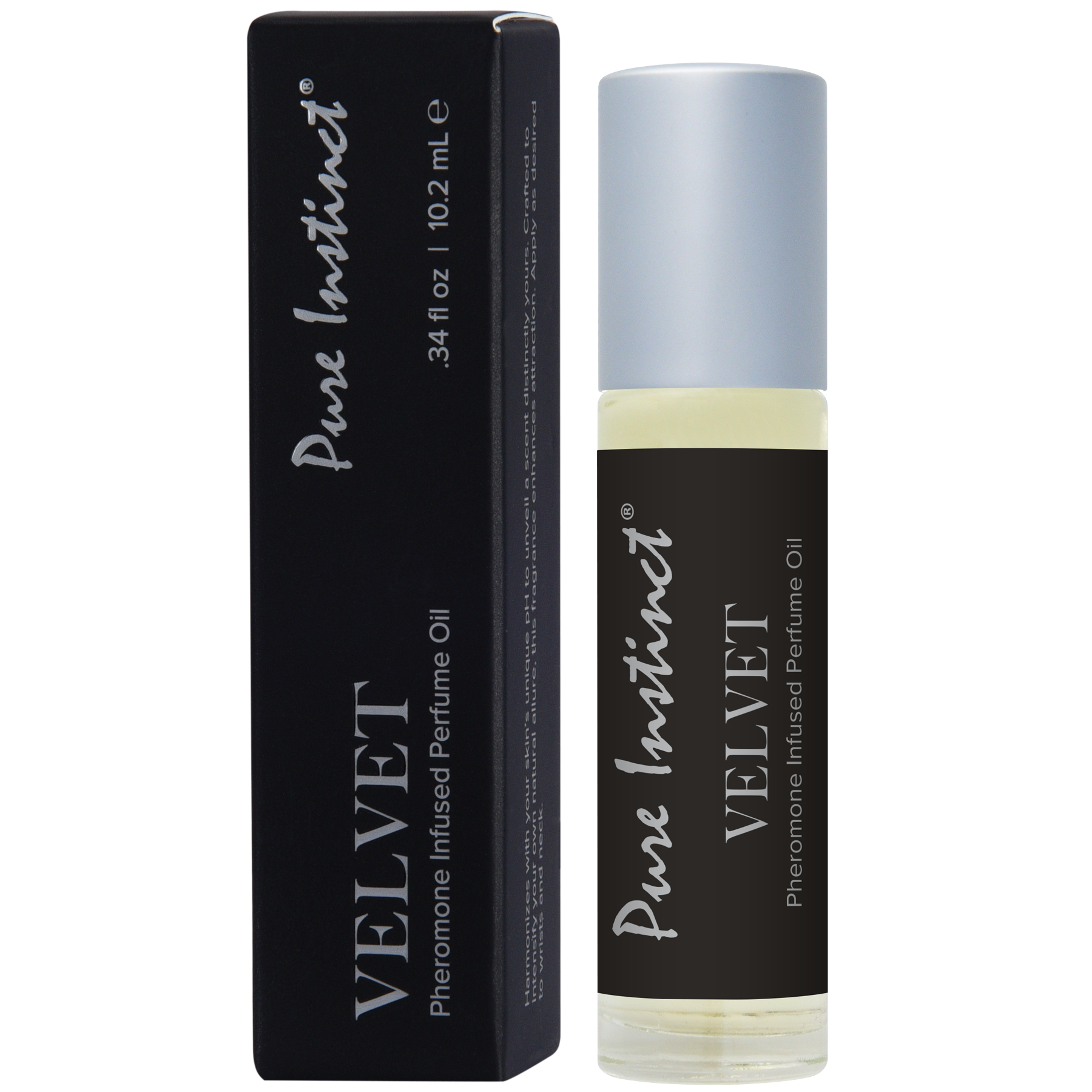 Pure Instinct Velvet Pheromone Infused Perfume Oil Roll-On with silver cap.