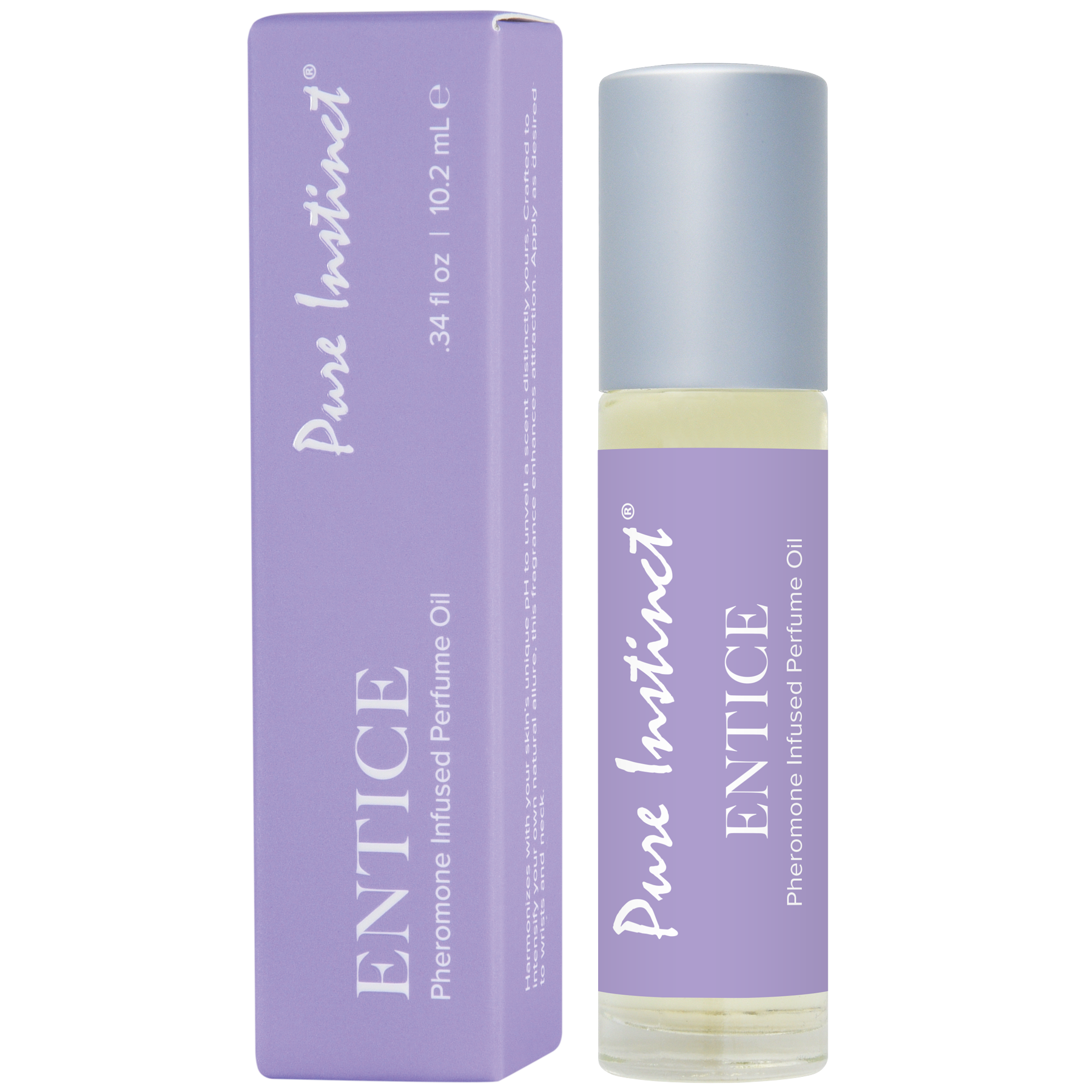 Pure Instinct Entice Pheromone Infused Perfume Oil roll-on bottle and box.