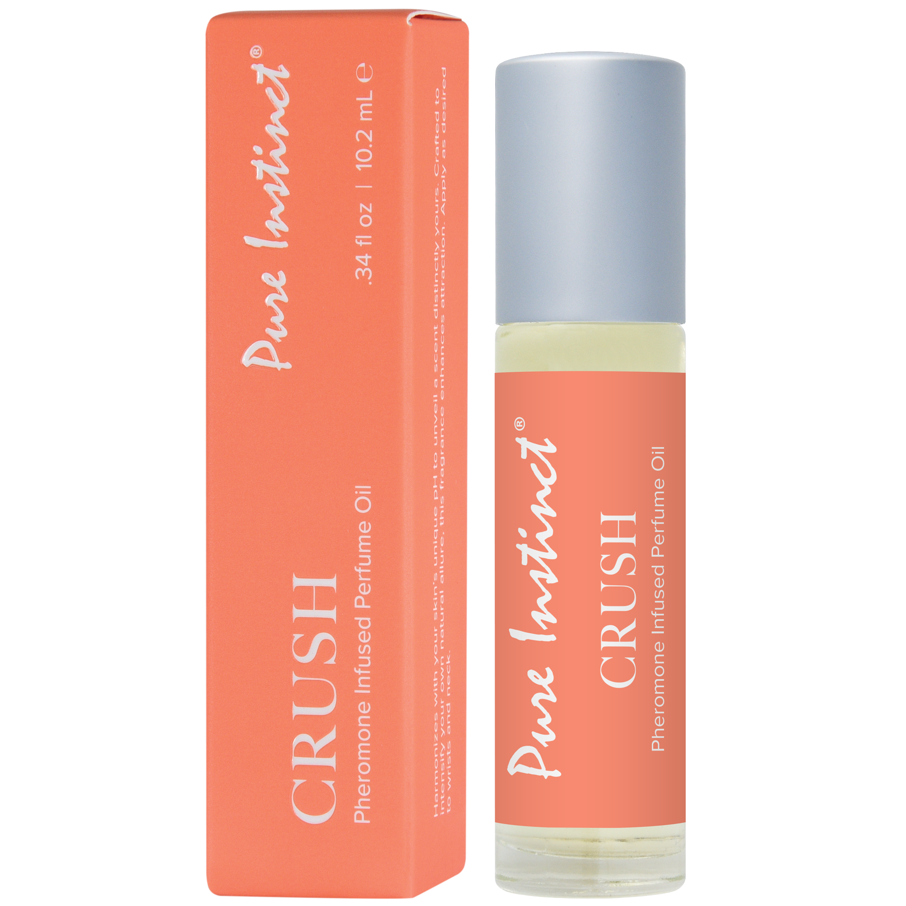Pure Instinct Crush Pheromone Infused Perfume Oil roll-on bottle and box.